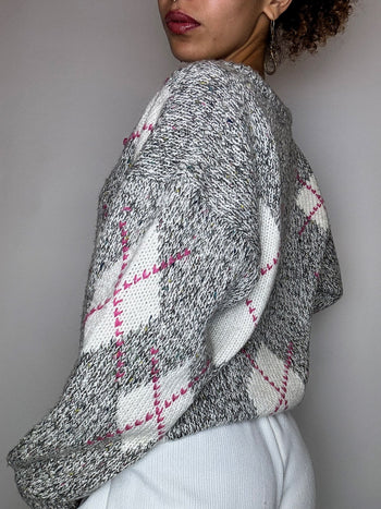 Pull gris à carreaux losanges rose M vintage