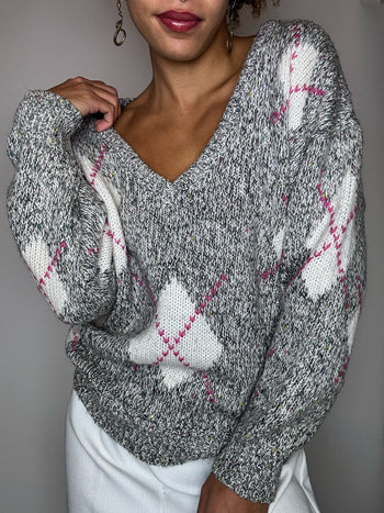 Pull gris à carreaux losanges rose M vintage