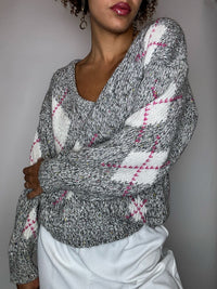 Pull gris à carreaux losanges rose M vintage