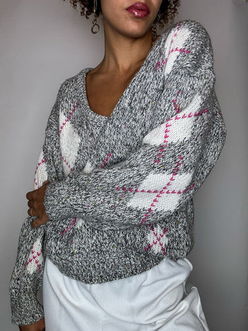 Pull gris à carreaux losanges rose M vintage