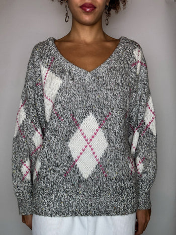 Pull gris à carreaux losanges rose M vintage