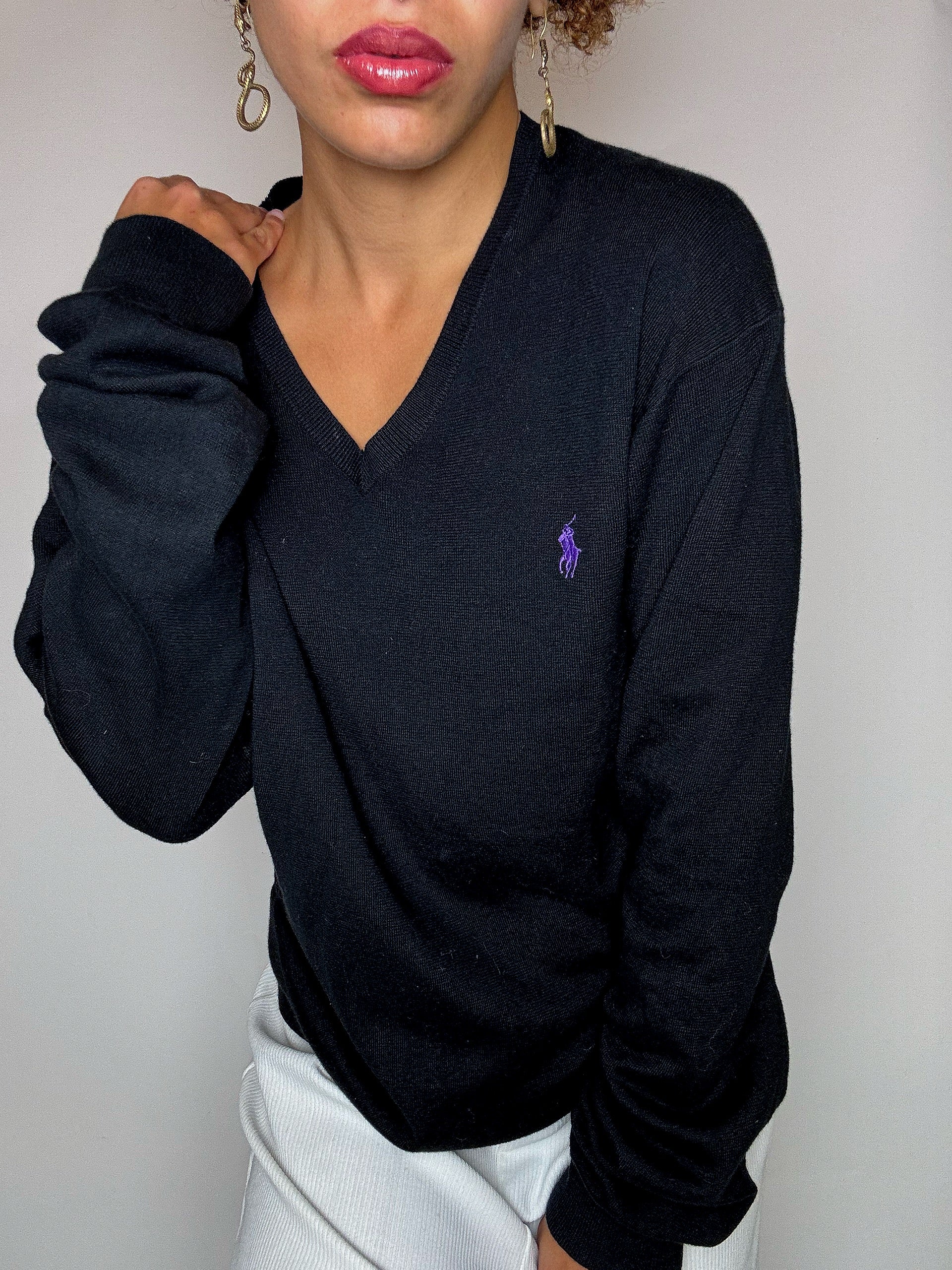 Pull col V noir POLO RALPH LAUREN L vintage