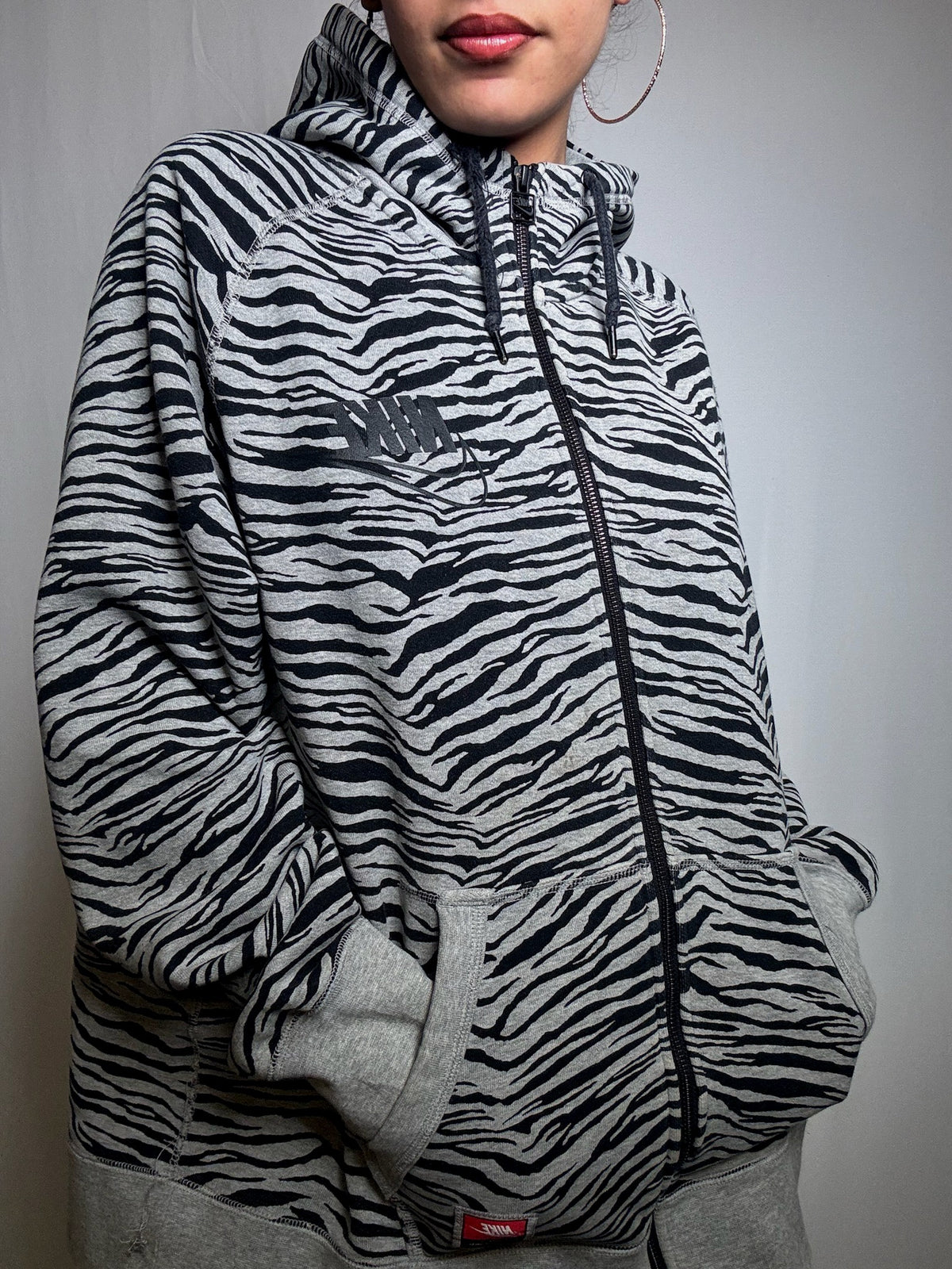 Vintage Nike grey zebra print zip-up sweatshirt, size XL