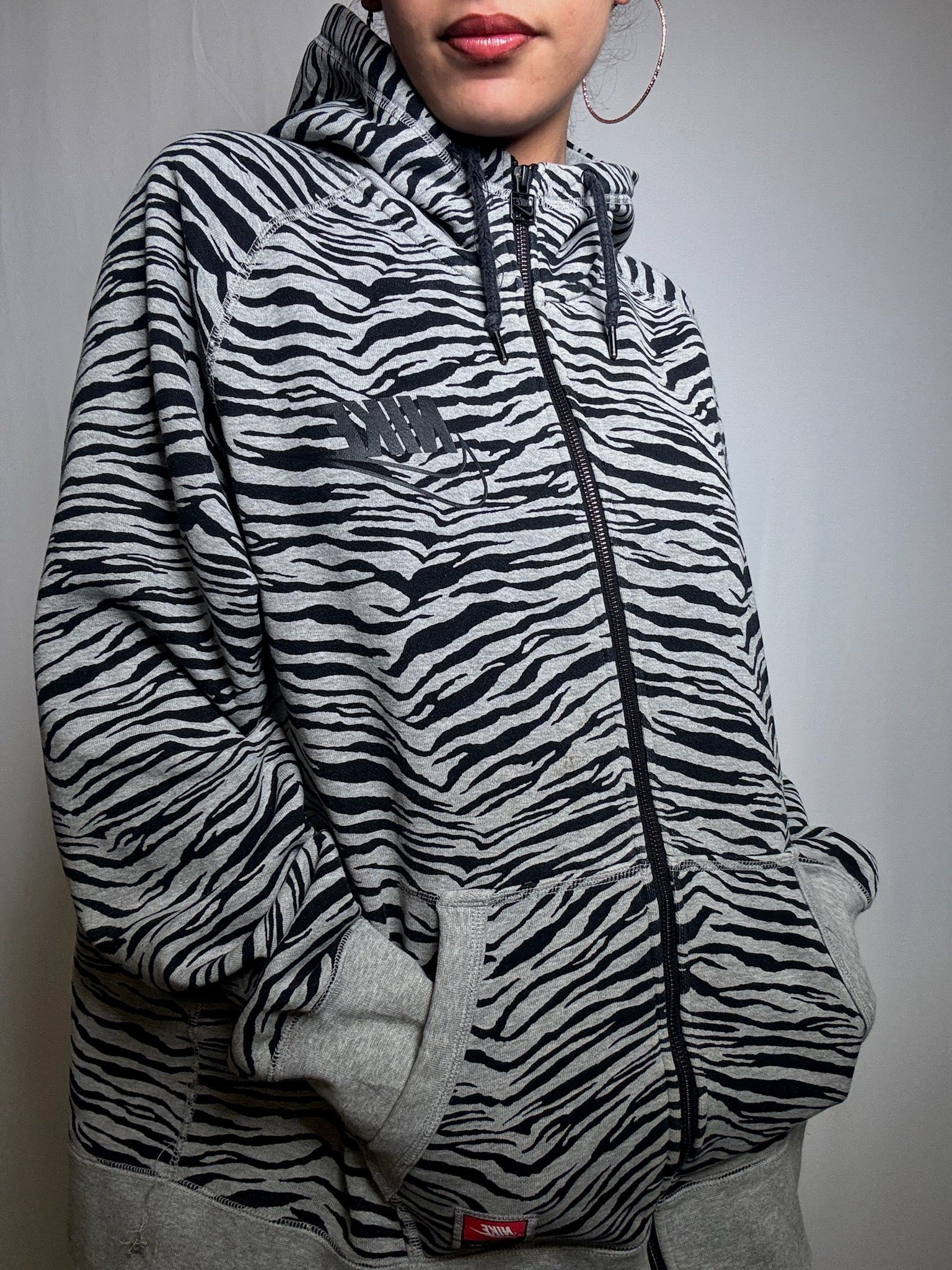 Vintage Nike grey zebra print zip-up sweatshirt, size XL