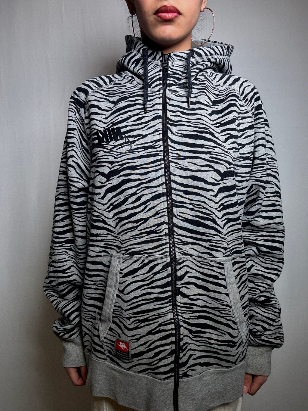 Vintage Nike grey zebra print zip-up sweatshirt, size XL