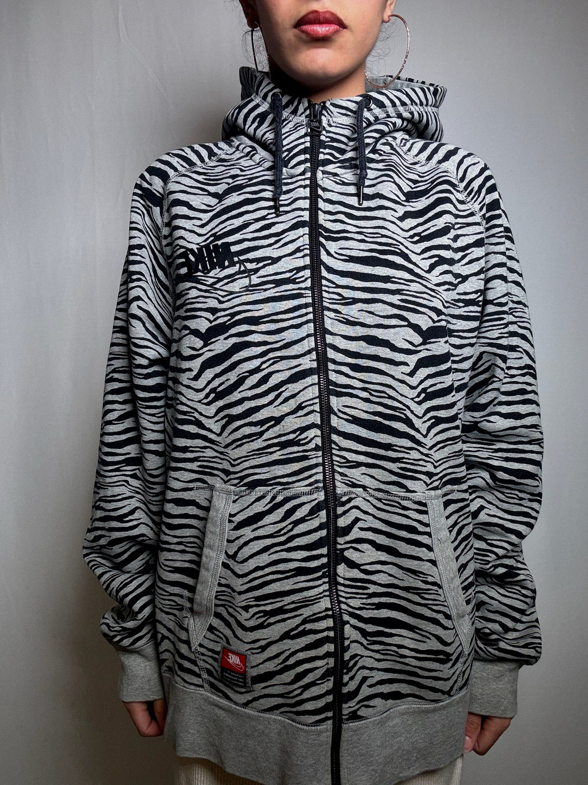 Vintage Nike grey zebra print zip-up sweatshirt, size XL