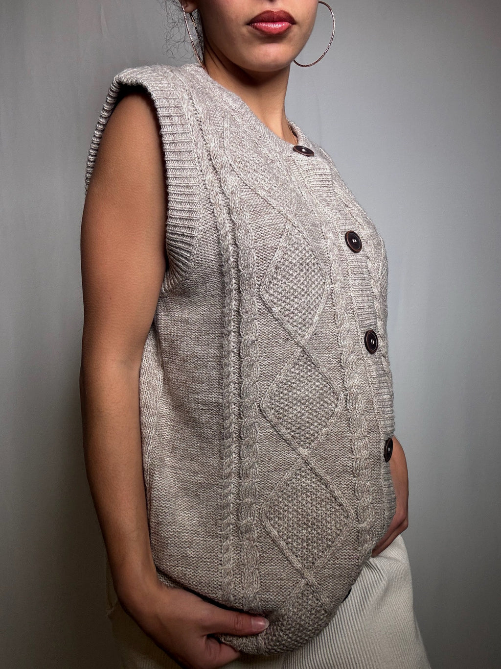 Vintage L beige knitted button-up cardigan