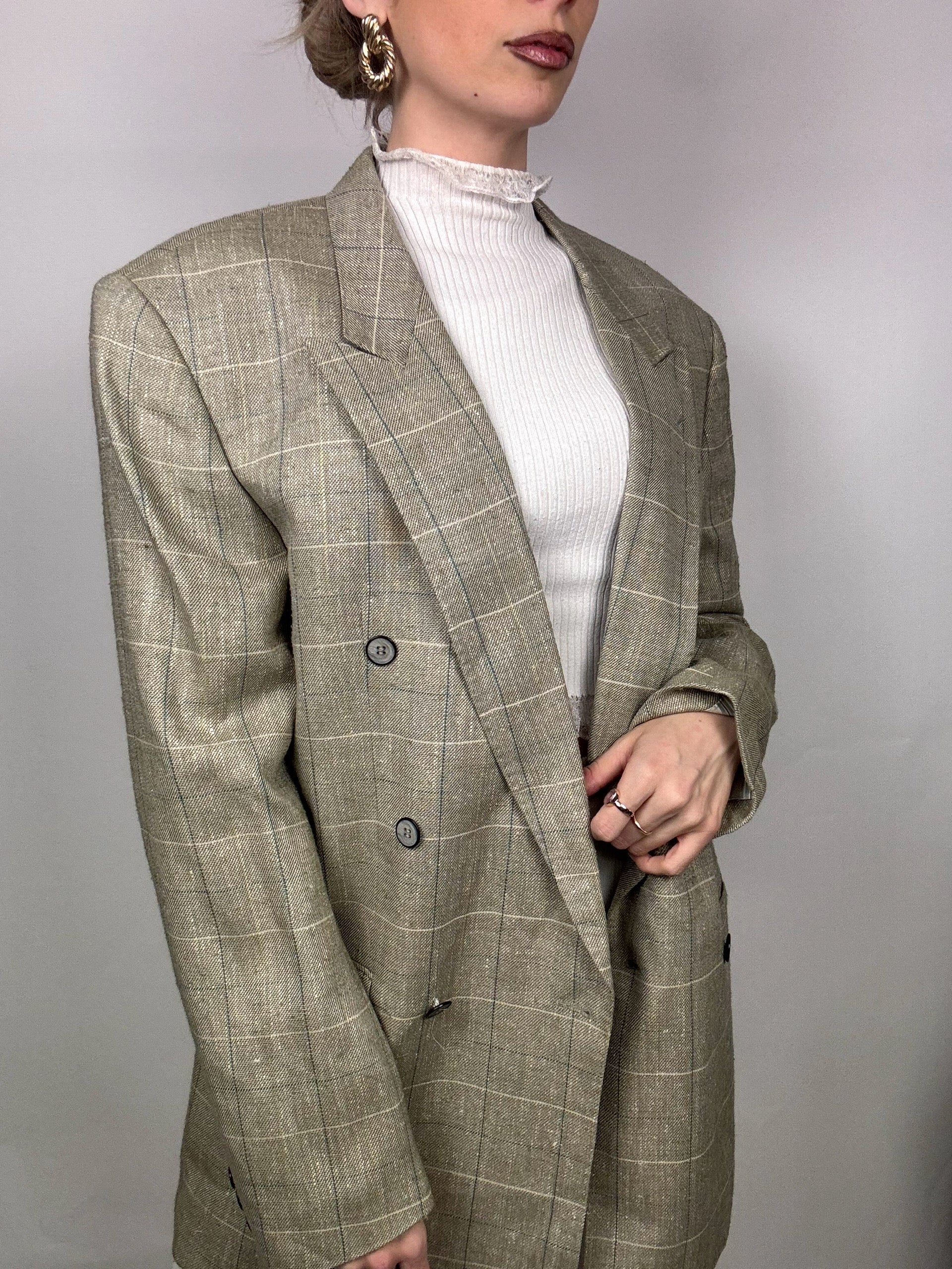 Beige plaid blazer with silk L/XL vintage