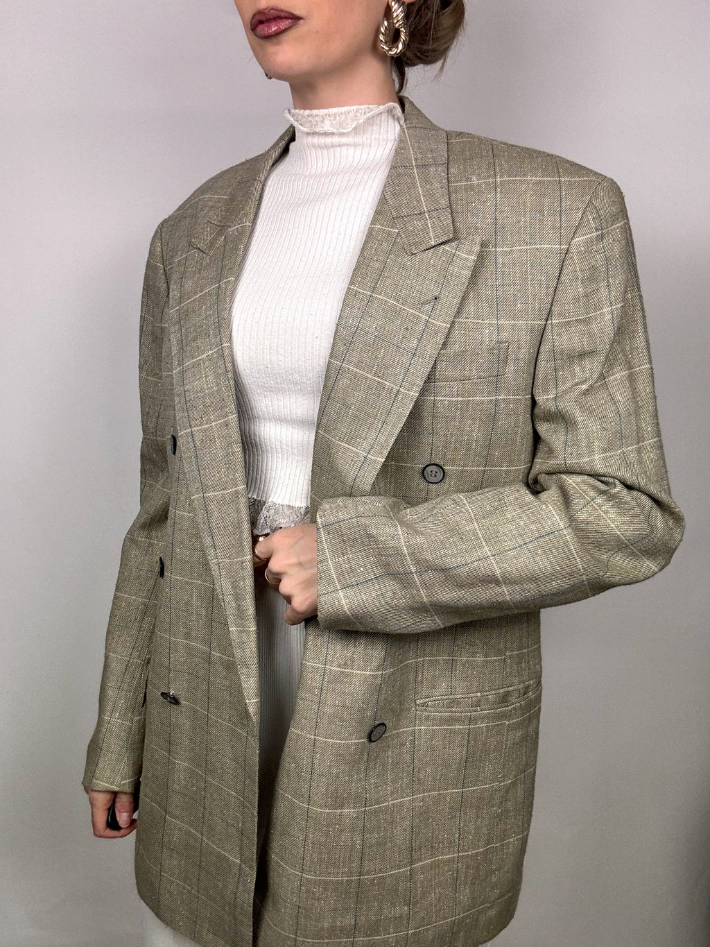 Beige plaid blazer with silk L/XL vintage