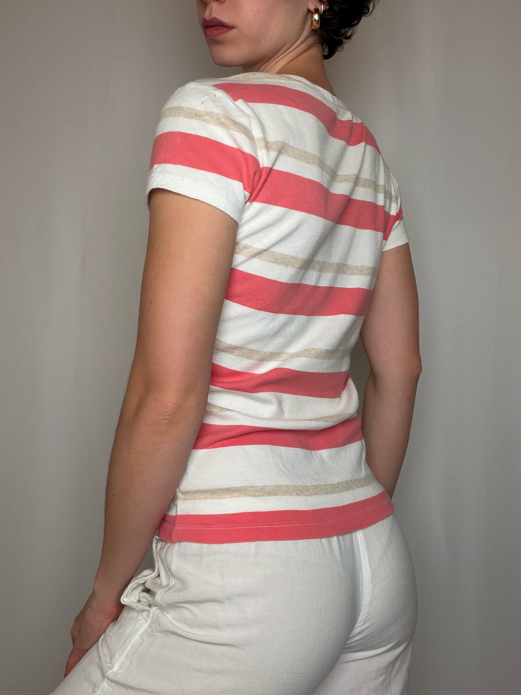 T-shirt à rayures beige & rose Tommy Hilfiger M vintage