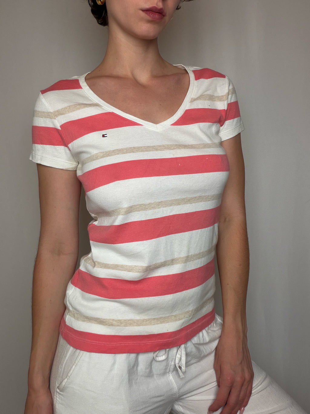 T-shirt à rayures beige & rose Tommy Hilfiger M vintage