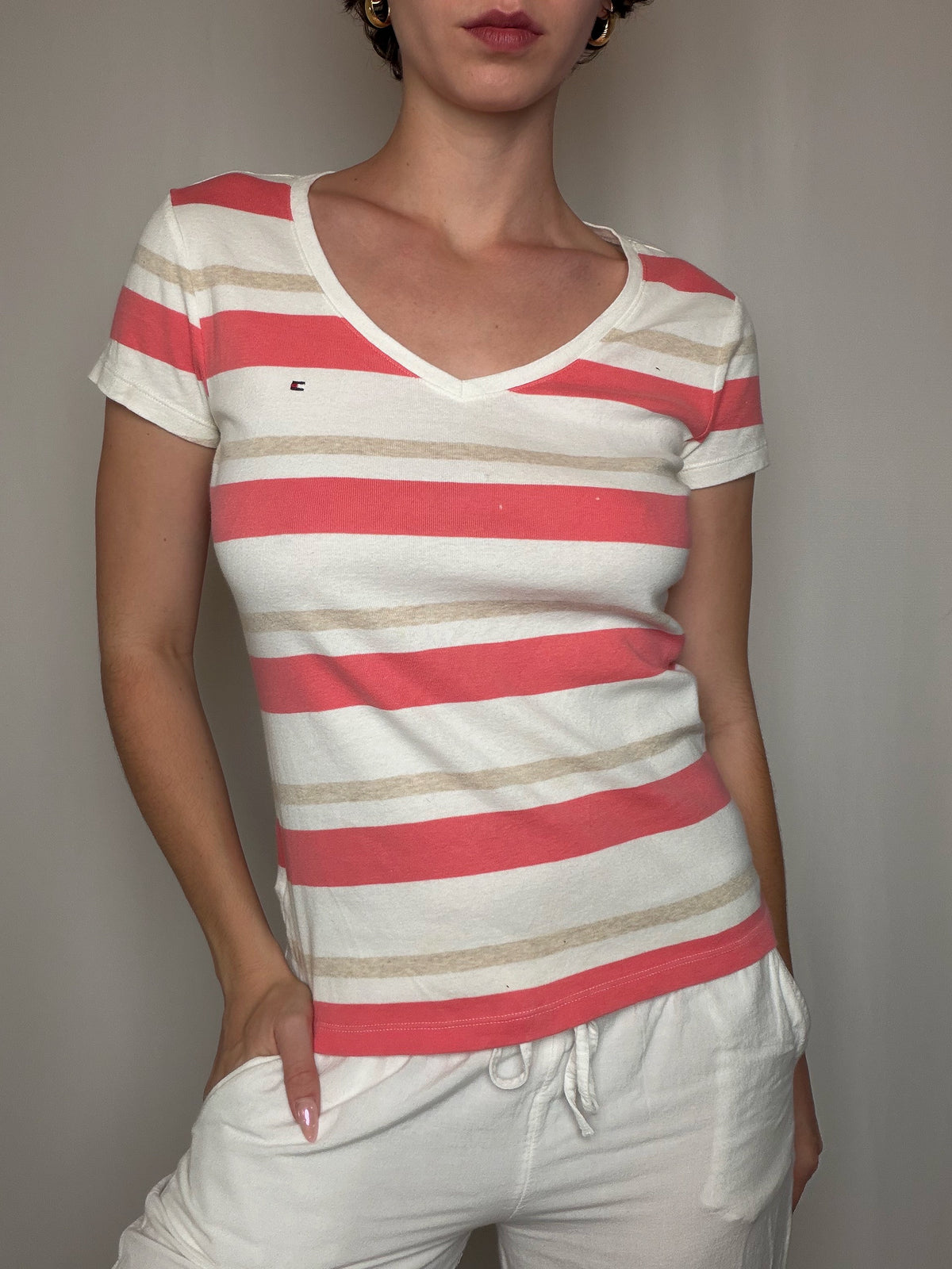 T-shirt à rayures beige & rose Tommy Hilfiger M vintage