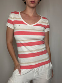 T-shirt à rayures beige & rose Tommy Hilfiger M vintage