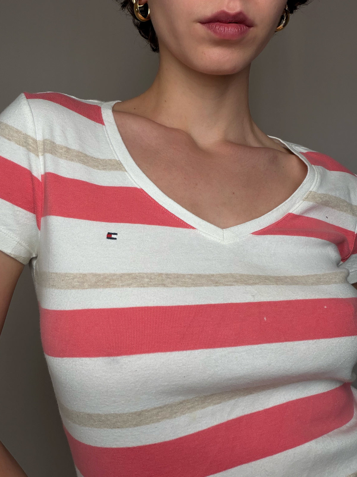 T-shirt à rayures beige & rose Tommy Hilfiger M vintage