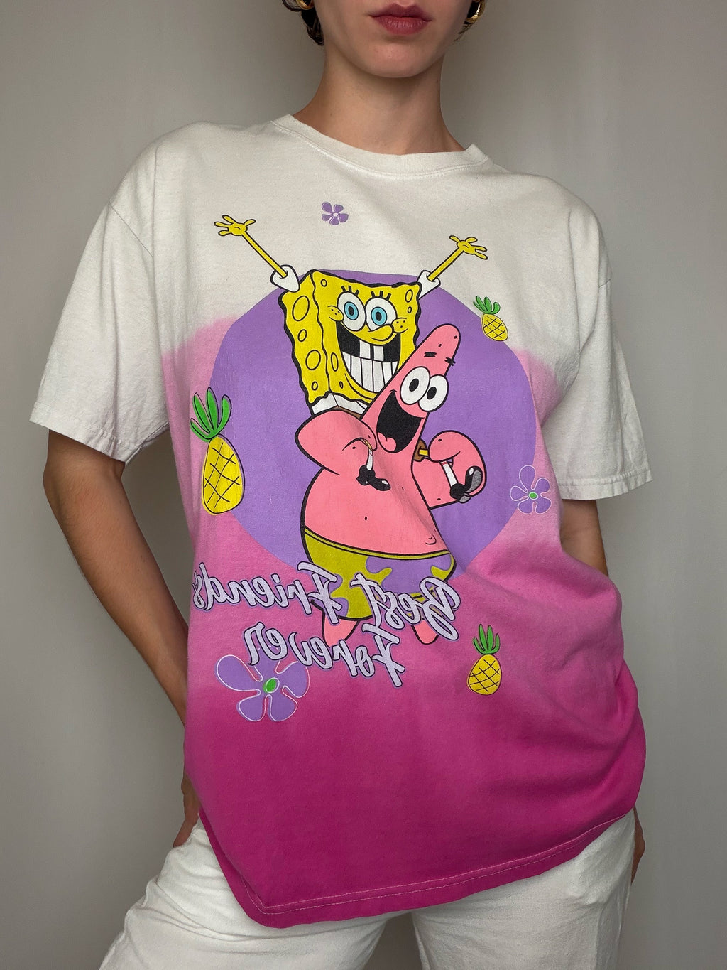 T-shirt blanc tie&dye Bob L'éponge XL vintage