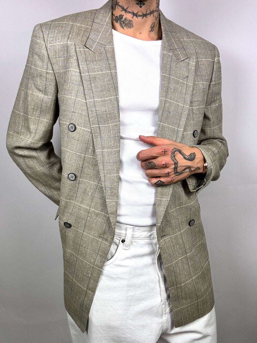 Beige plaid blazer with silk L/XL vintage