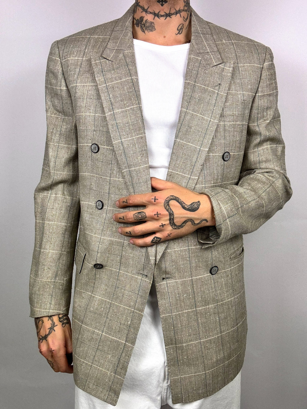 Beige plaid blazer with silk L/XL vintage