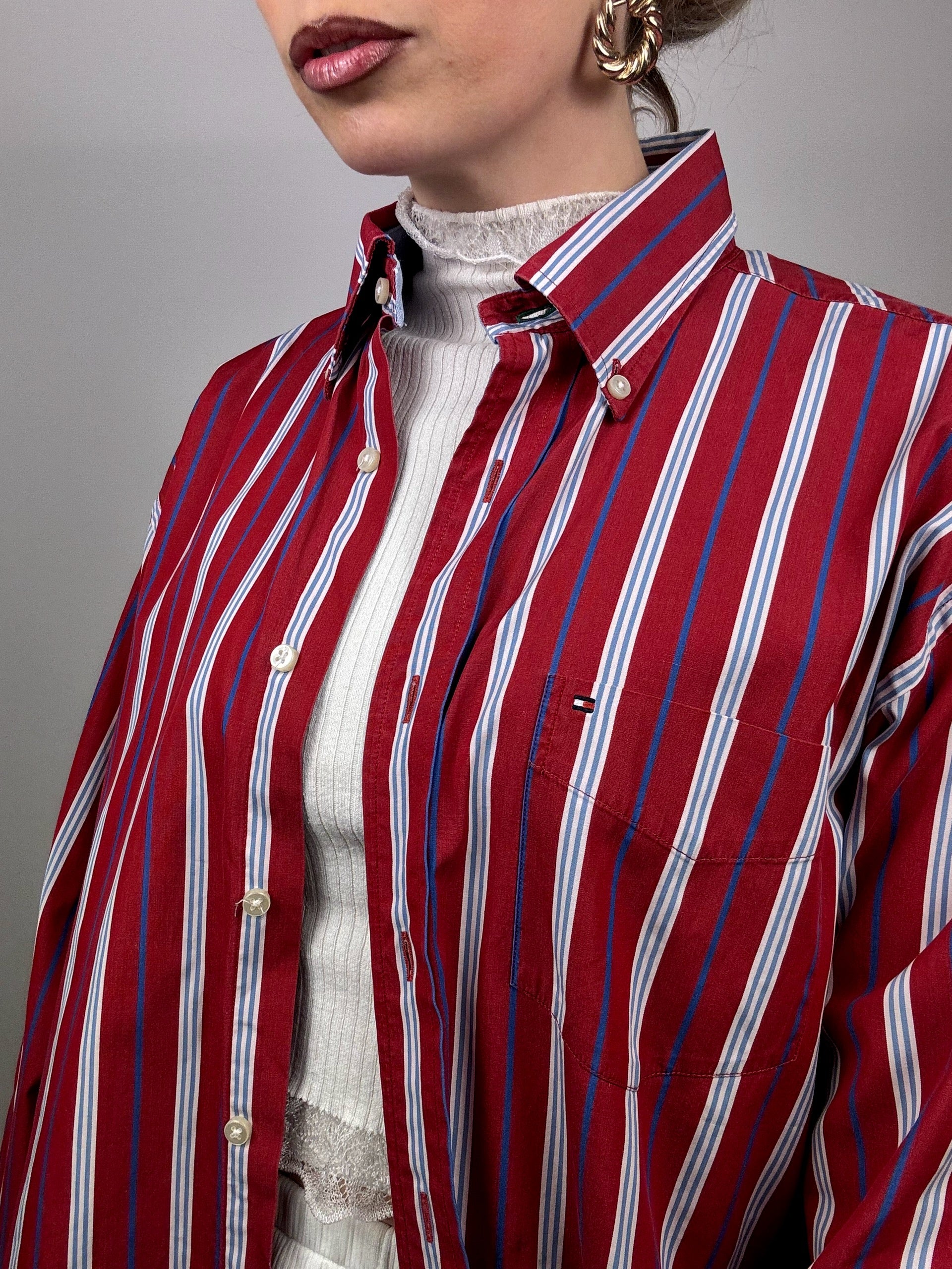 TOMMY HILFIGER M Vintage rot gestreiftes Baumwollhemd