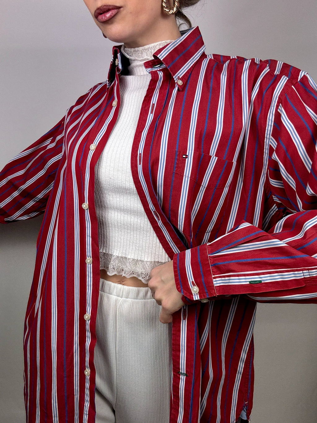 TOMMY HILFIGER M Vintage rot gestreiftes Baumwollhemd