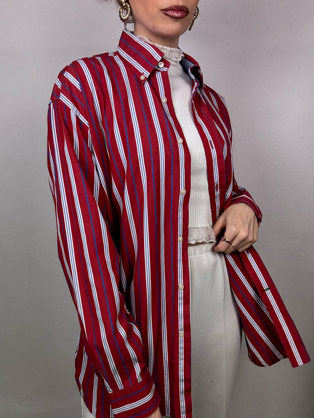 TOMMY HILFIGER M Vintage rot gestreiftes Baumwollhemd