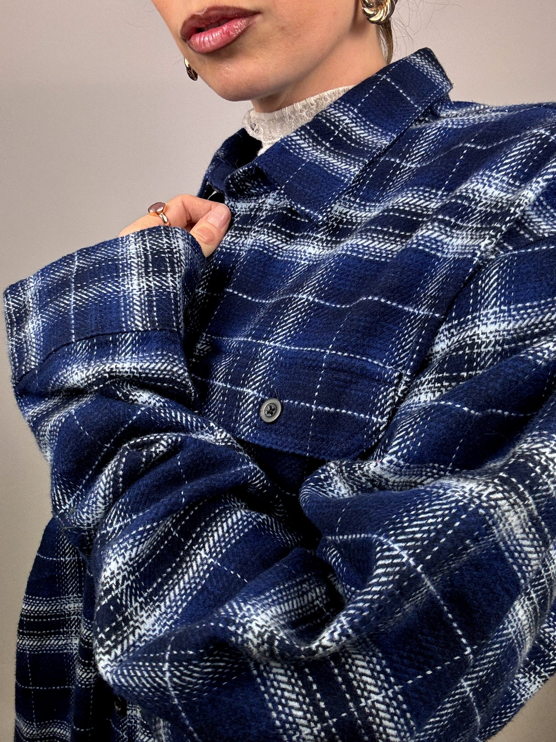 Vintage XL Blue and Black Plaid Thick Shirt