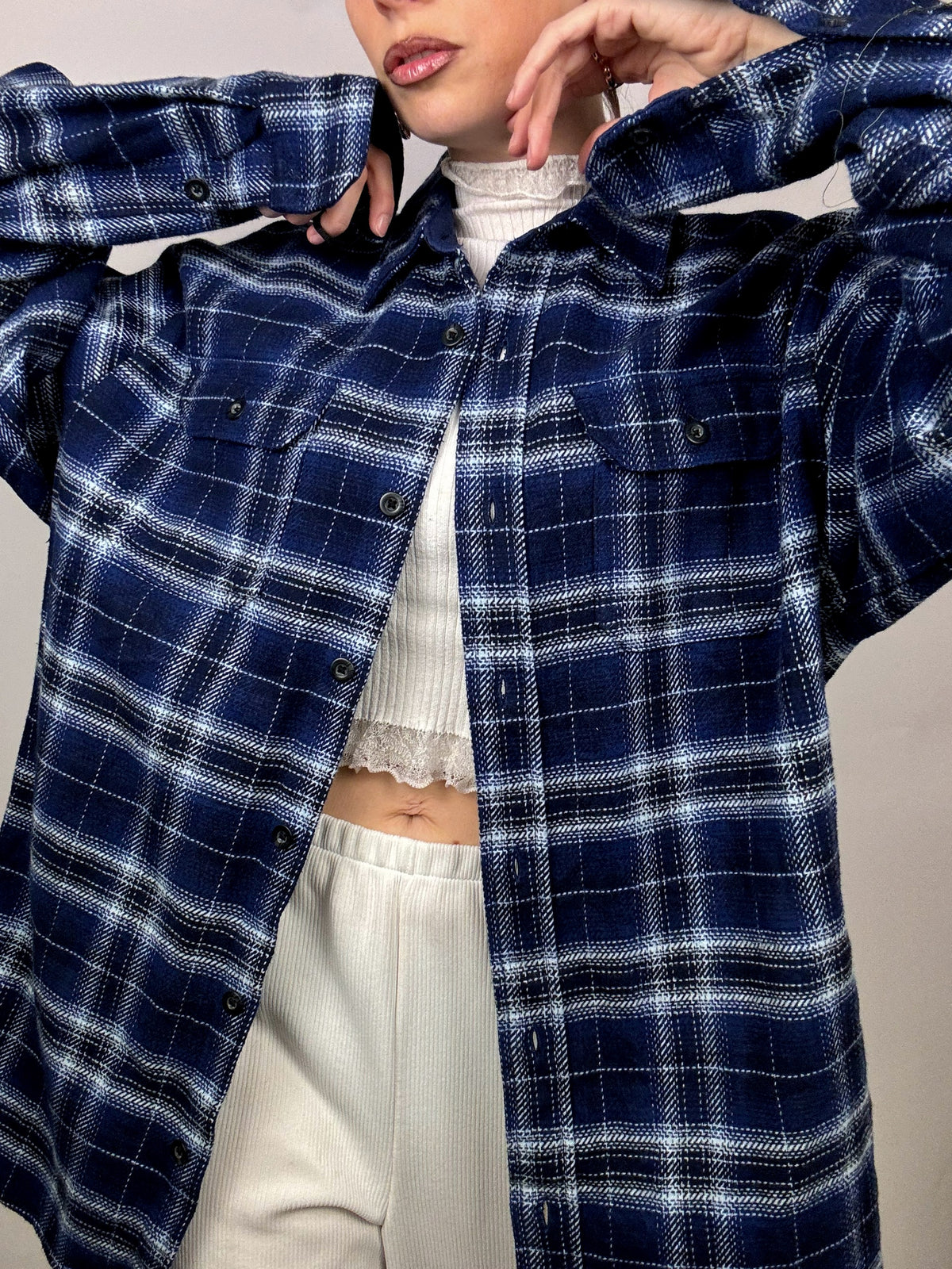 Vintage XL Blue and Black Plaid Thick Shirt