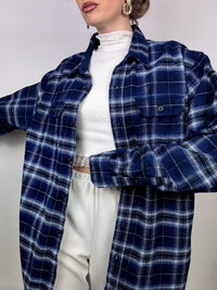 Vintage XL Blue and Black Plaid Thick Shirt