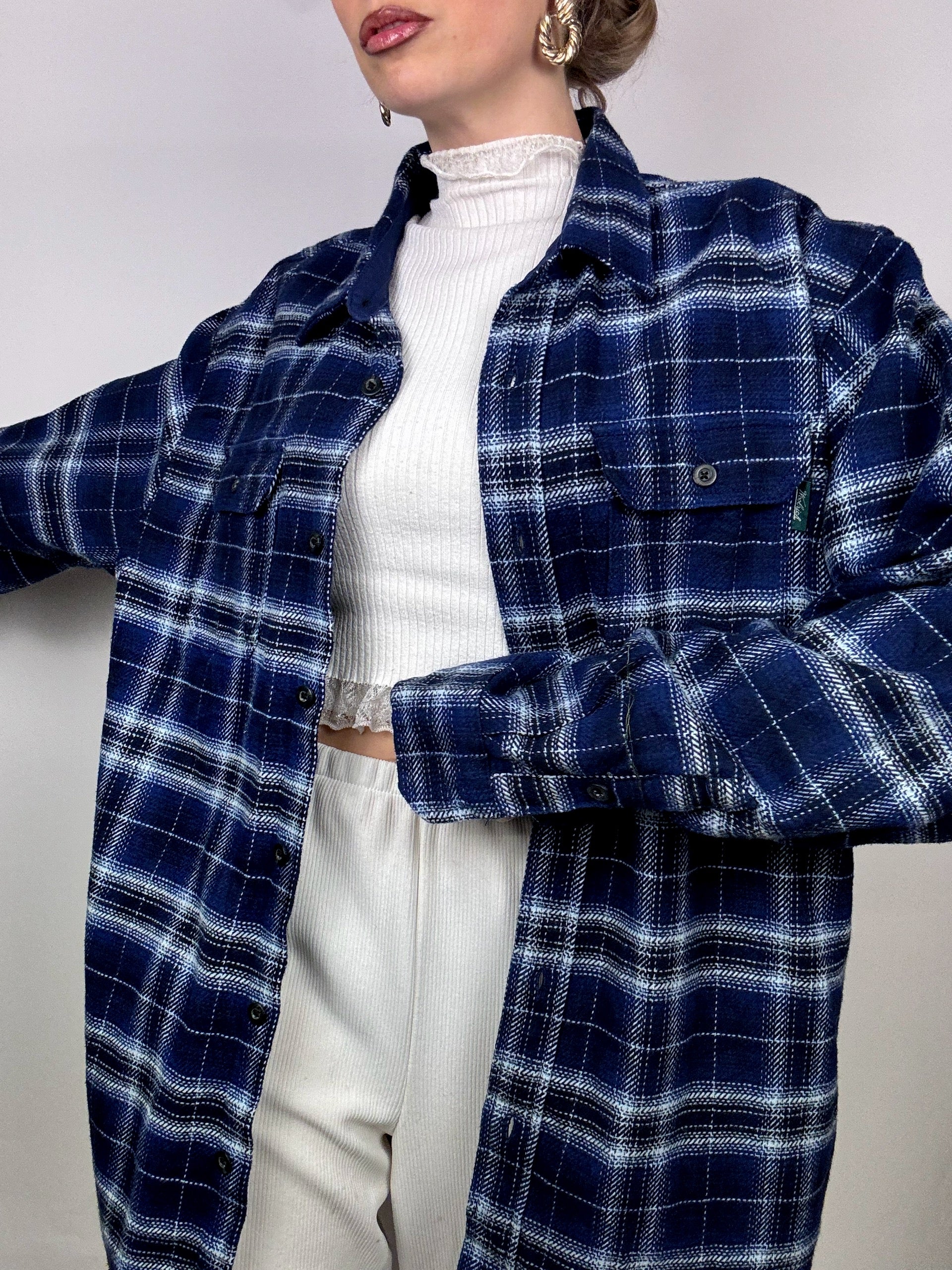 Vintage XL Blue and Black Plaid Thick Shirt