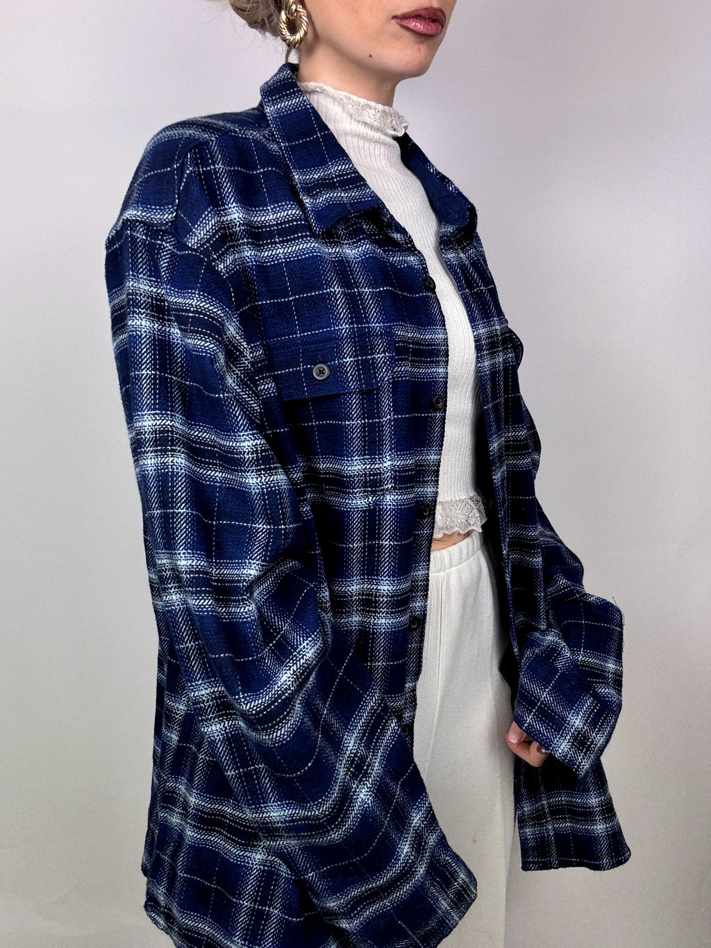 Vintage XL Blue and Black Plaid Thick Shirt