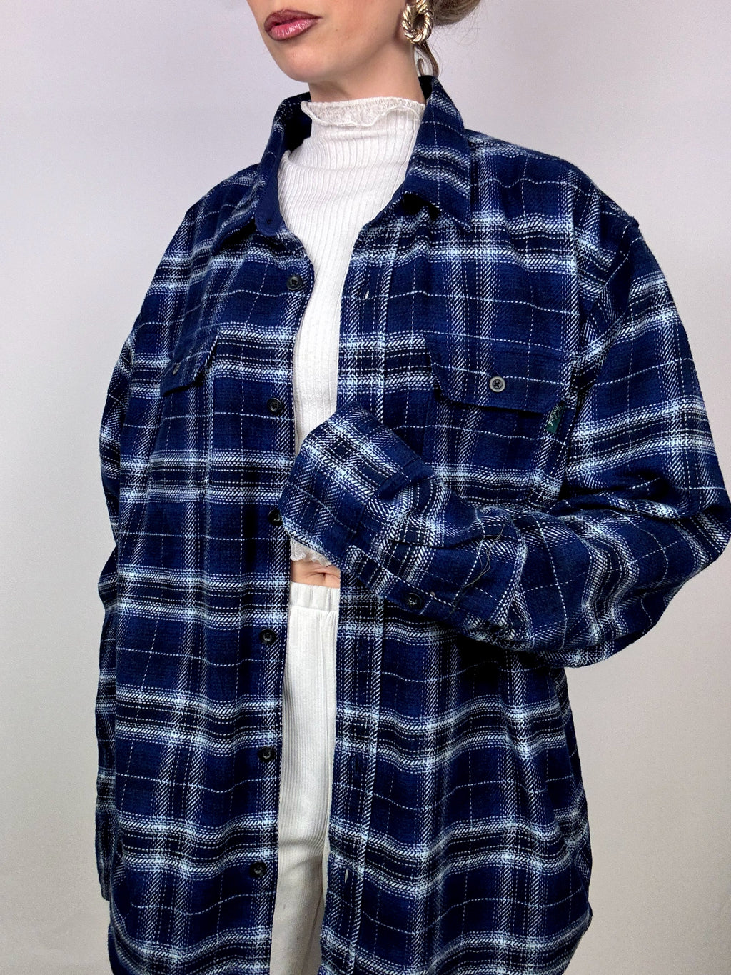 Vintage XL Blue and Black Plaid Thick Shirt