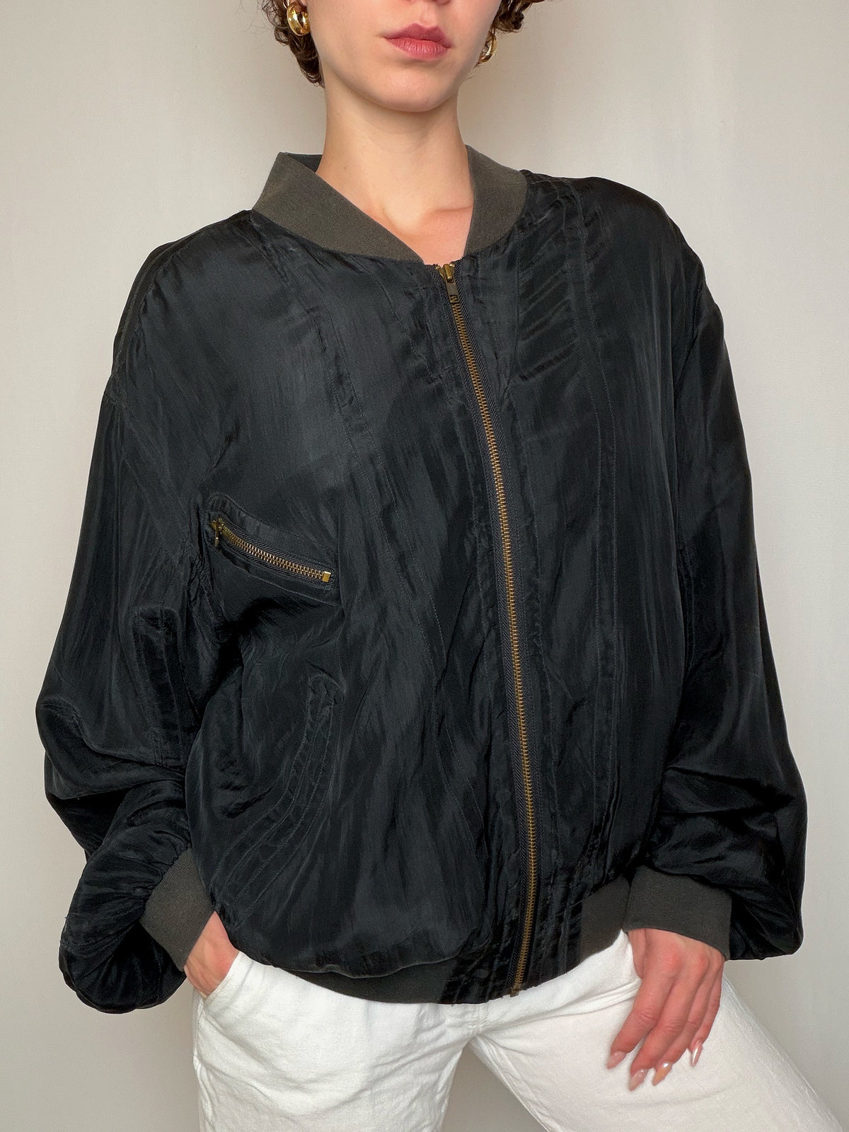 Bomber noir en soie XL vintage