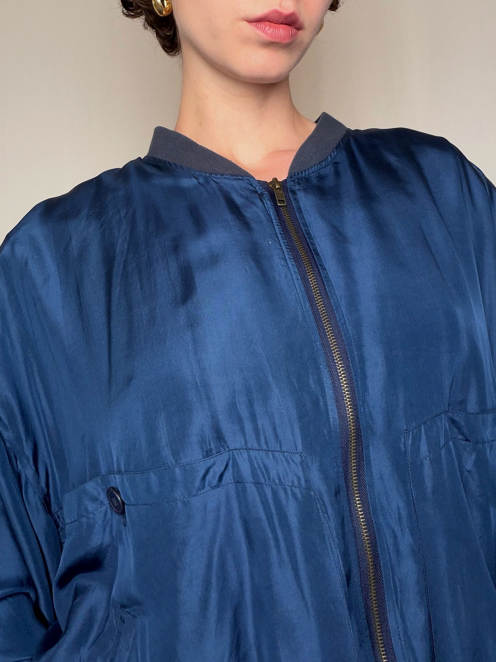 Bomber en soie bleu nuit XL vintage
