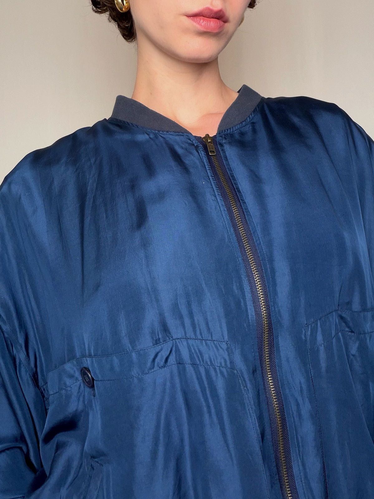 Bomber en soie bleu nuit XL vintage