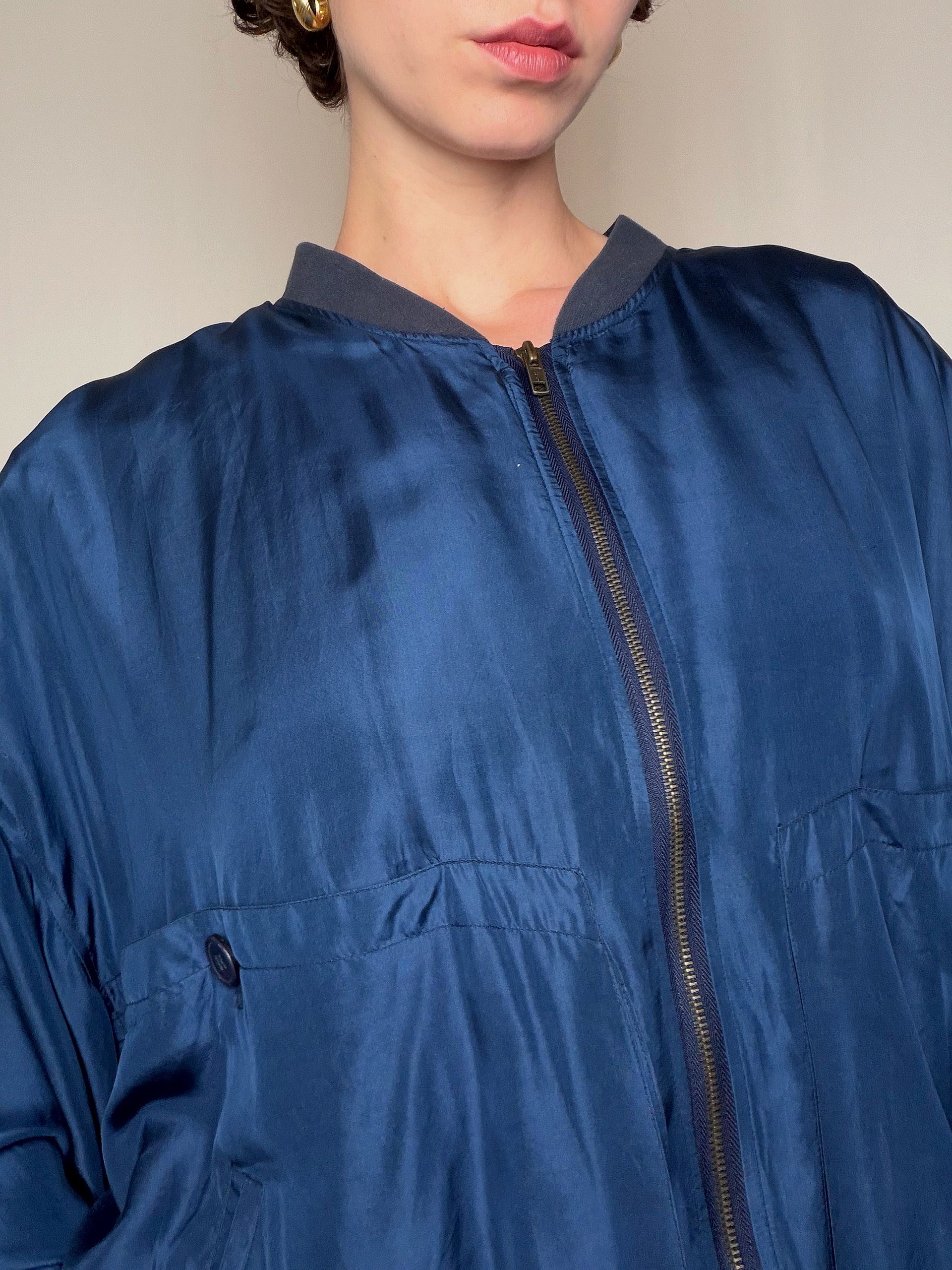 Bomber en soie bleu nuit XL vintage
