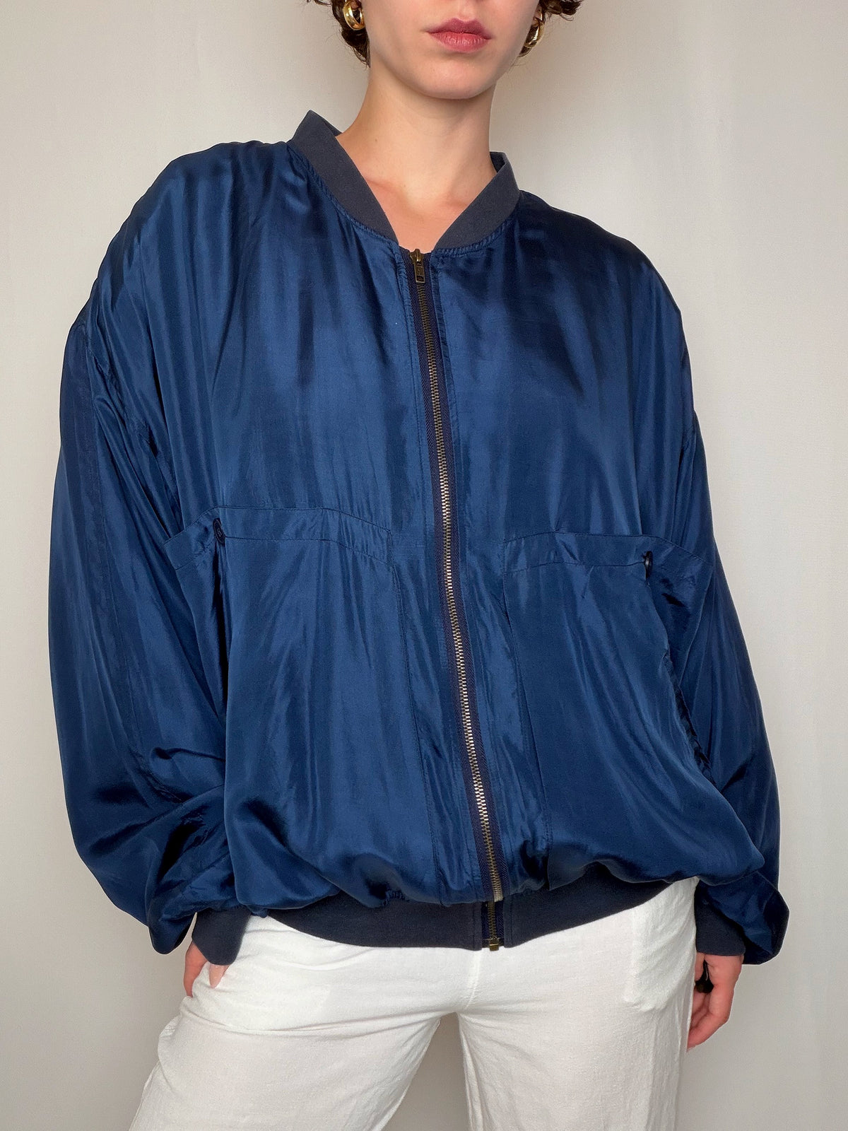Bomber en soie bleu nuit XL vintage