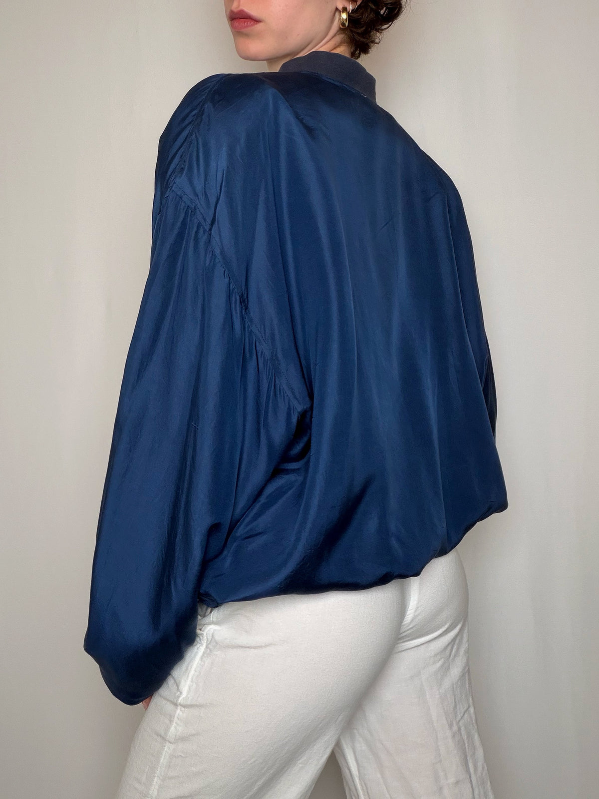 Bomber en soie bleu nuit XL vintage
