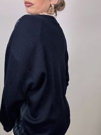Blue striped crew neck sweater with vintage patterns M/L