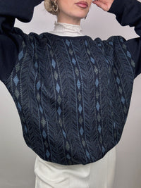 Blue striped crew neck sweater with vintage patterns M/L