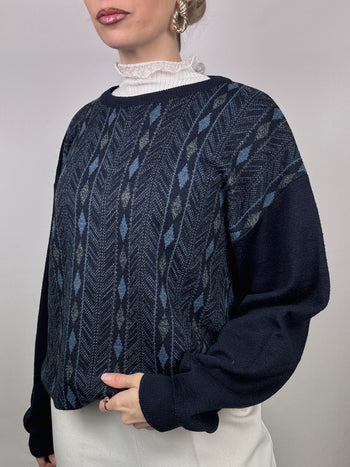 Pull rayé bleu à col rond et motifs M/L vintage