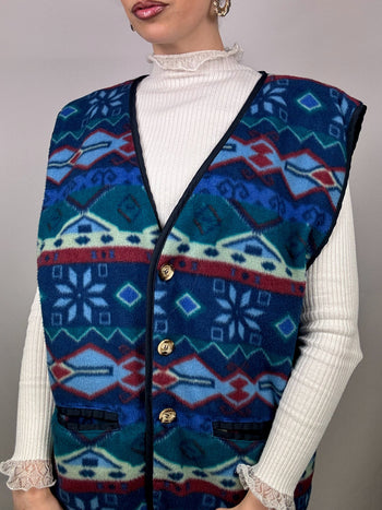 Gilet polaire à motifs bleu et boutons bijoux L vintage