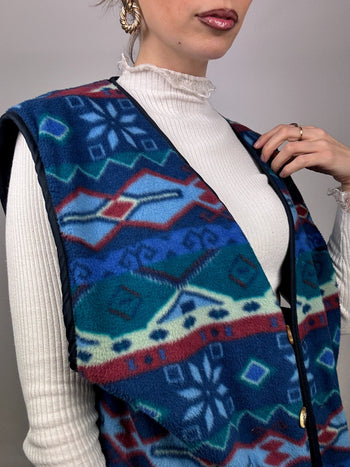 Gilet polaire à motifs bleu et boutons bijoux L vintage