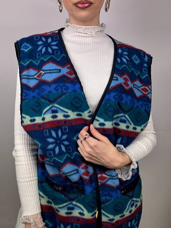 Gilet polaire à motifs bleu et boutons bijoux L vintage