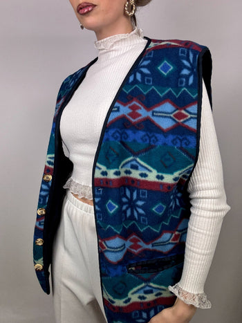 Gilet polaire à motifs bleu et boutons bijoux L vintage