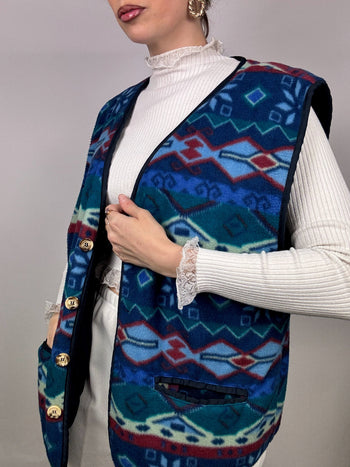 Gilet polaire à motifs bleu et boutons bijoux L vintage