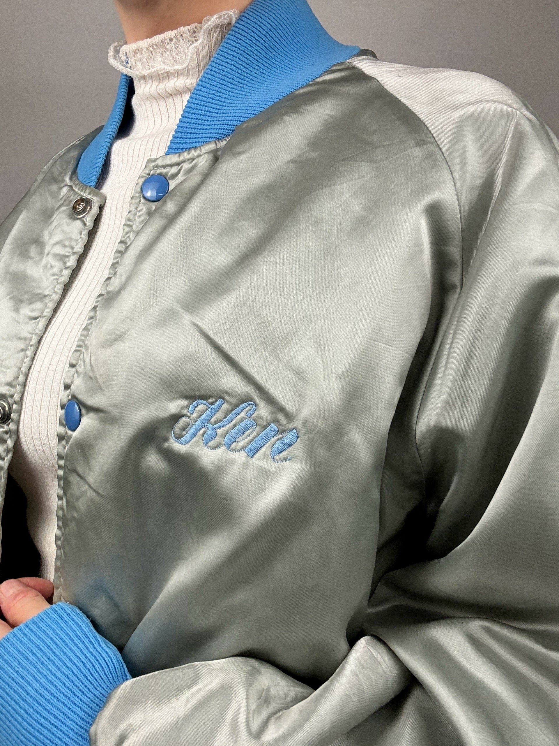 Vintage Silver and Blue Nylon Bomber Jacket L