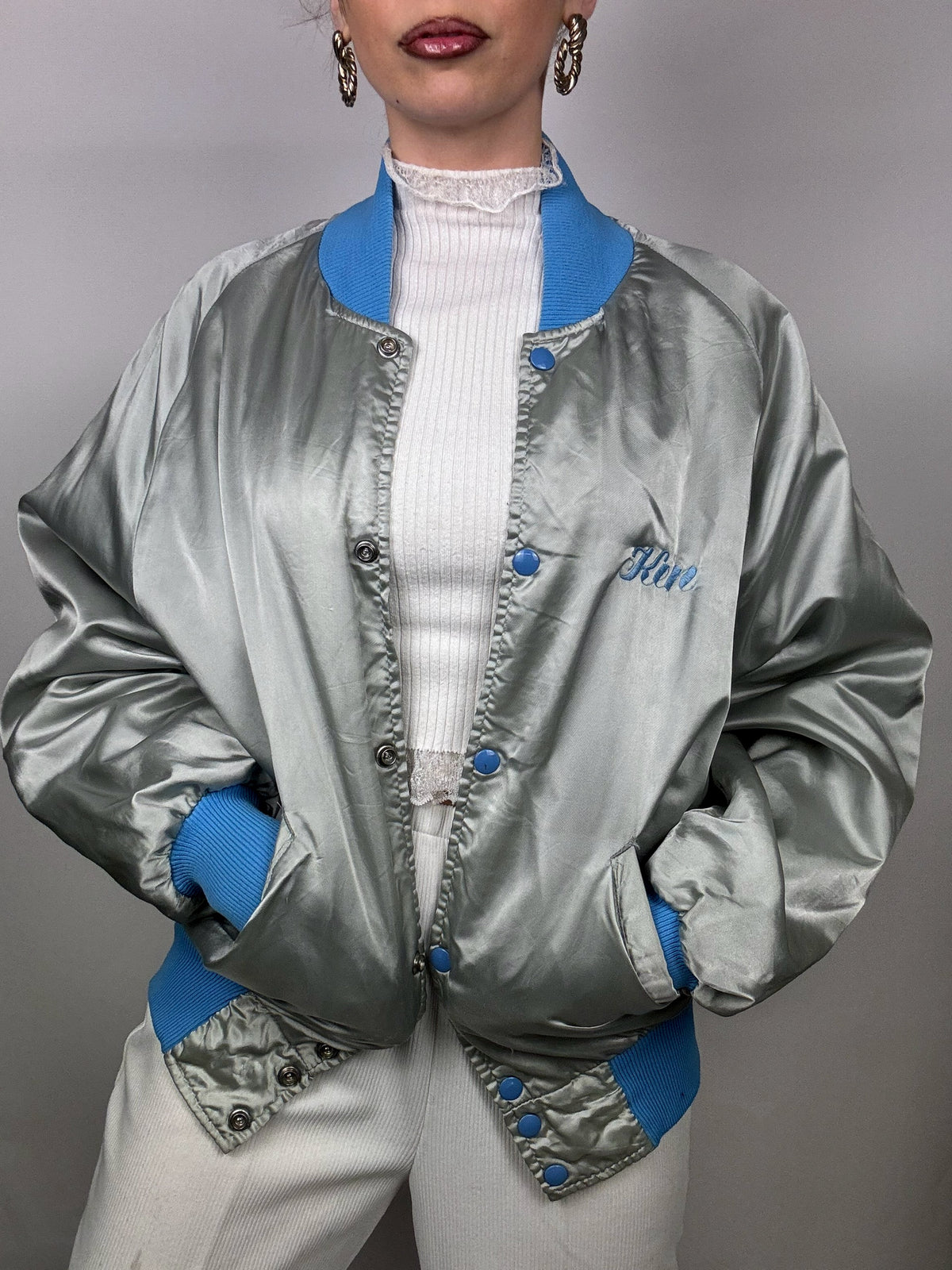 Vintage Silver and Blue Nylon Bomber Jacket L