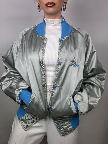 Bomber en Nylon argenté et bleu L vintage