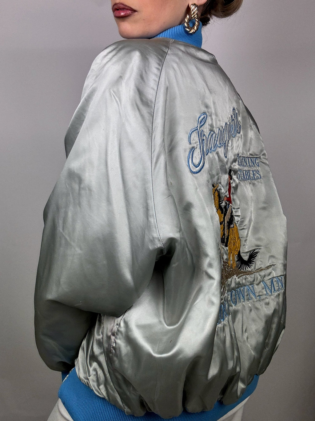 Vintage Silver and Blue Nylon Bomber Jacket L