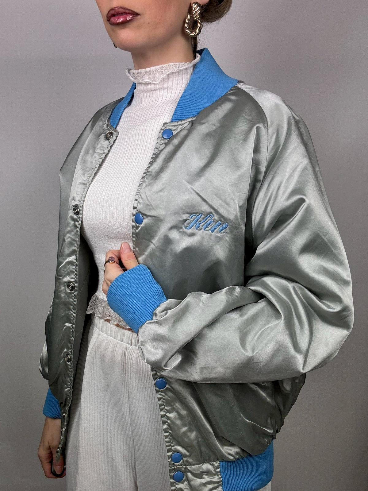 Vintage Silver and Blue Nylon Bomber Jacket L