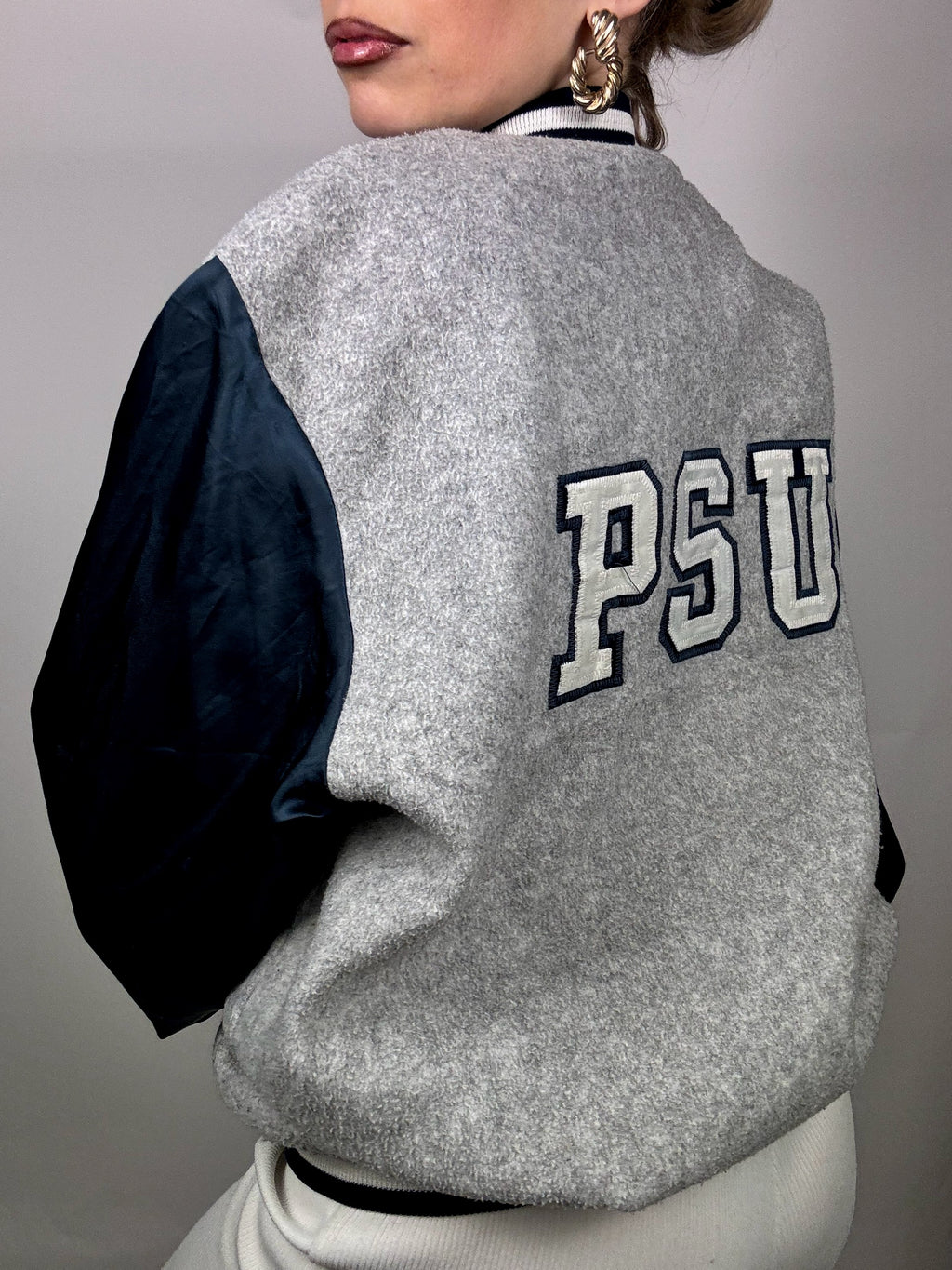 Vintage grey and navy two-material bomber jacket L